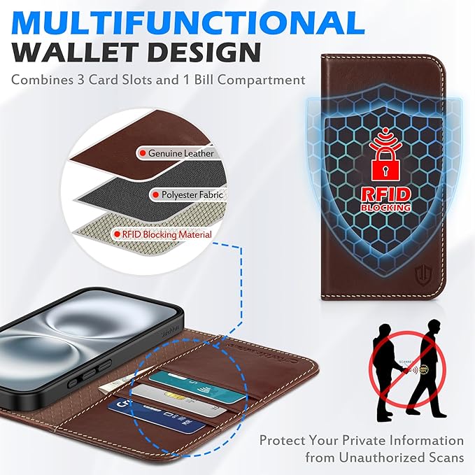 SHIELDON Case for iPhone 16 5G, Genuine Leather Foldable Wallet Magnetic Cover Kickstand RFID Blocking Credit Card Holder Shockproof Phone Case Compatible with iPhone 16 6.1" 2024 - Retro Coffee