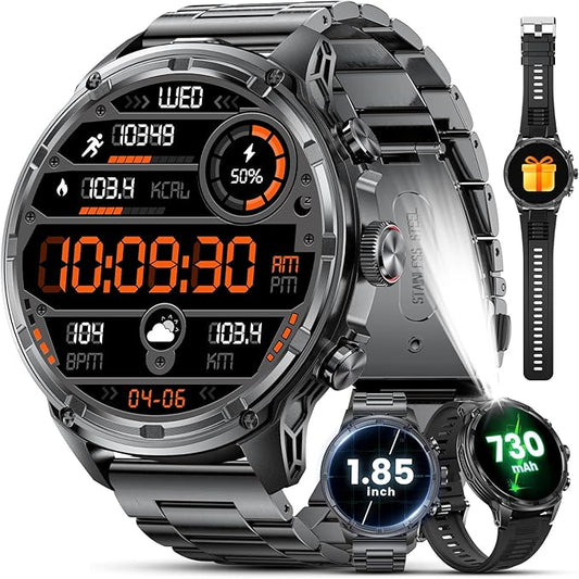 LIGE Military Smart Watches for Men with 80-Days Standby(710mAh)/Flashlight/50M Waterproof/1.85" HD Large Screen,100+ Sports Fitness Tracker Watch,Pedometer Mens Smart Watch for Android iPhone