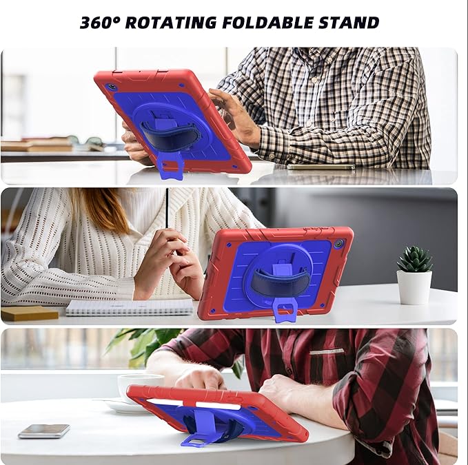 for Samsung Galaxy Tablet A8 Case 10.5 inch 2022 SM-X200/X205/X207 with Screen Protector [360 Rotating Stand] &Hand Shoulder Strap Shockproof Rugged Protective Cover|Red&Blue