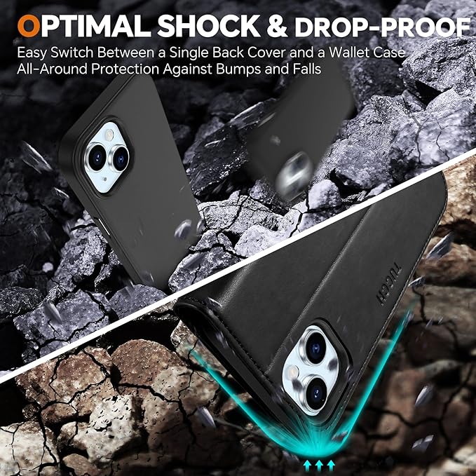 TUCCH Detachable Case Wallet for iPhone 15 Plus, Stand RFID Blocking 4 Card Slot Wireless Charging Shockproof Case, Black