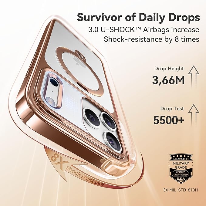 CASEKOO Rose Gold Designed for iPhone 17 Pro Case with 360 Spin Magnetic Stand [Fit for MagSafe][17FT Military Protection] Slim Polished for iPhone 17 Pro Case with Stand 6.3'', Rose Gold