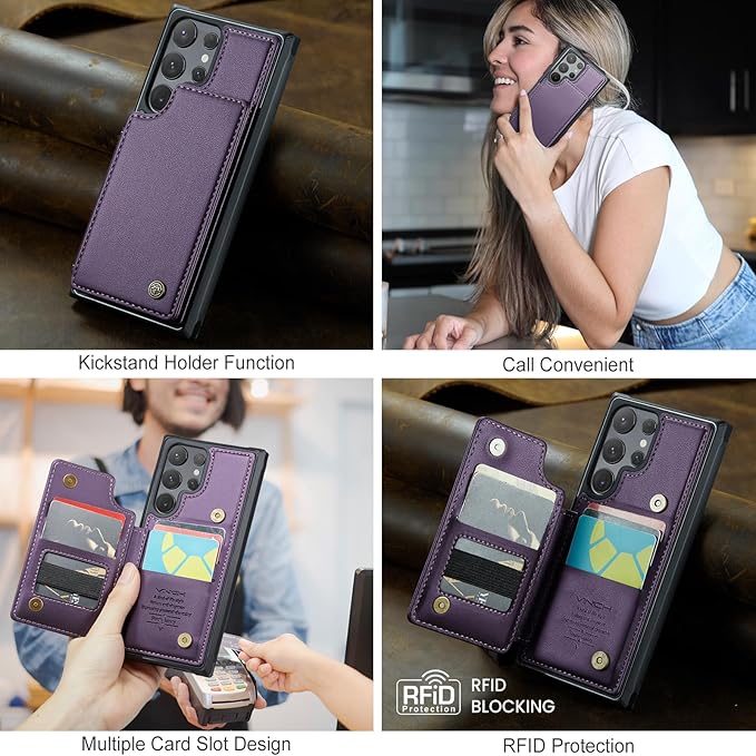 Vinich for Samsung Galaxy S24 Ultra Wallet Case with Card Holder, RFID Blocking Credit Slots Kickstand Shockproof Phone Cover for Women Men, Purple