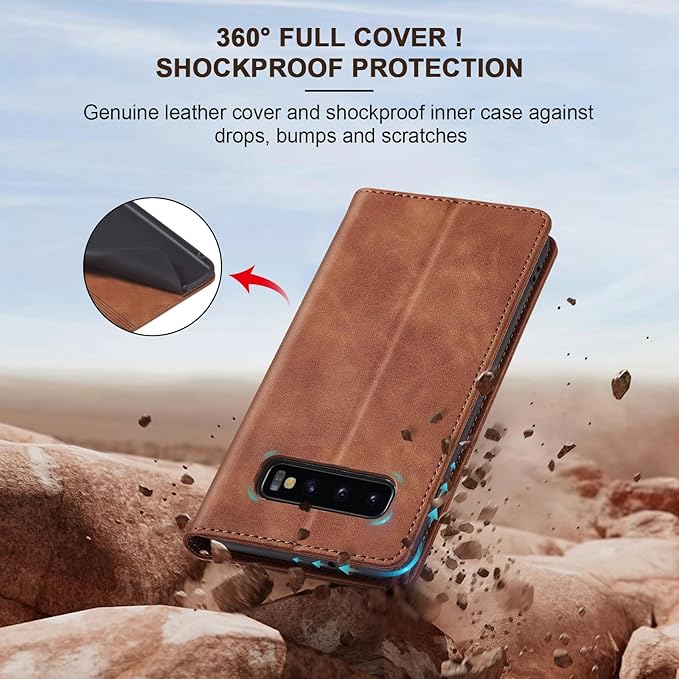 Jasonyu Flip Wallet Case for Samsung Galaxy S10 Plus,Leather Magnetic Folio Cover with Card Holder,Kickstand - TPU Shockproof Durable Protective Phone Case,Brown
