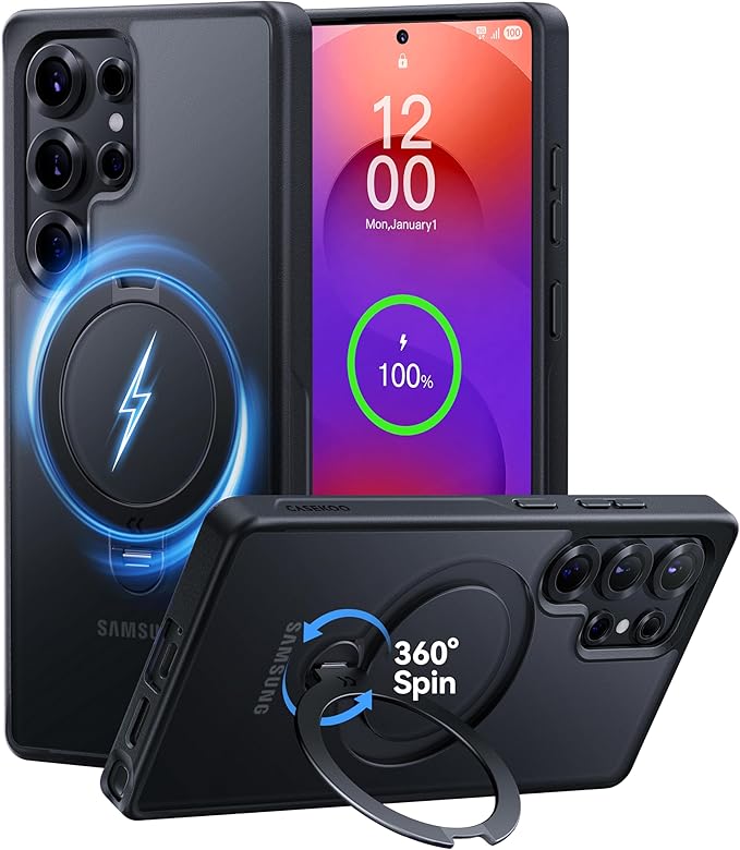 CASEKOO Patented 360° Spin Magnetic Stand for Samsung Galaxy S25 Ultra Case [18FT Military Drop Protection] [Compatible with MagSafe] Matte Translucent Slim S25 Ultra Case 6.9'' 2025, Black