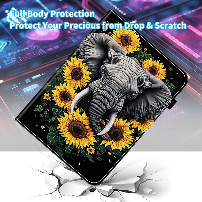 Case for Samsung Galaxy Tab S9 FE 5G 10.9 Inch/Galaxy Tab S9 11 Inch 2023,Card Slot PU Leather TPU Case Pen Holder Auto Wake Sleep,Sunflower Elephant