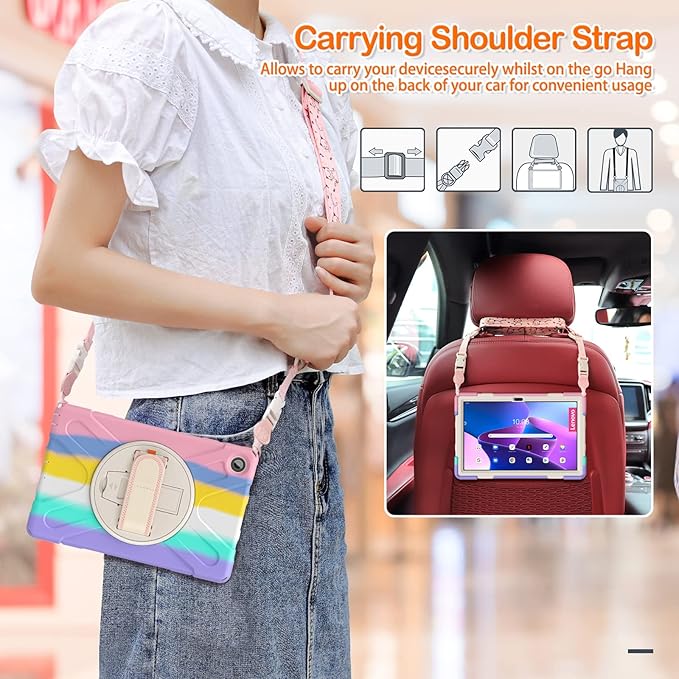 TSQQST Case for Lenovo Tab M10 Plus 3rd Gen 10.6 Inch 2022 Model TB-125F/TB-128F，Shockproof Protective Case w/ 360 Rotating Stand Hand Strap, Colorful Pink