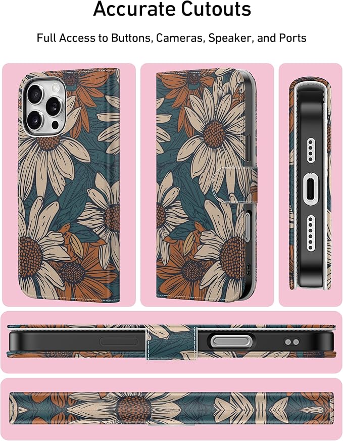 DEENAKIN for iPhone 16 Pro Max Wallet Case with Card Holder + Cash Clip, RFID-Blocking, Military-Grade Drop Protection, Magnetic Closure with Leather Kickstand - Floral Daisy Pattern