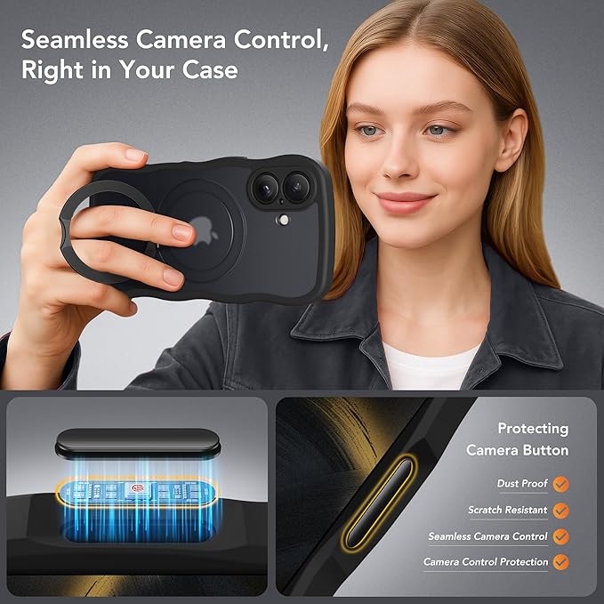 GolbinBox for iPhone 16 Plus Case,[Compatible with Magsafe][360° Spin Magnetic Stand][Military-Grade Protection][Camera Control][Cute Wave Edge] Translucent Matte Women Phone Cover for 16 Plus, Black