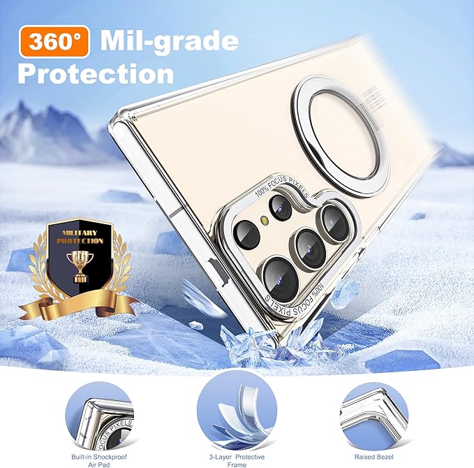 Compatible with Samsung Galaxy S22 & S23 Ultra Case with 360Rotatable Magnetic Ring Stand Compatible with Mag-Safe Military Protection Shockproof Transparent Phone Case,Clear