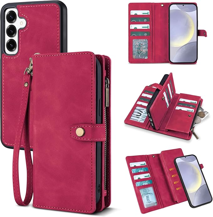 TwoHead for Samsung Galaxy S24 Plus Wallet Case with Card Holder,Detachable Magnetic Phone Case for Galaxy S24 Plus,PU Leather All-Round Protective Phone Cover Wallet with Strap(6.6 in,Wine Red)