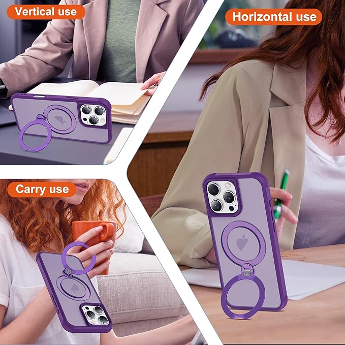 Compatible with iPhone 16 Pro Case with Invisible Magnetic 360°Spin Stand,Military-Grade Shockproof Protection [Compatible with Mag-Safe] Non-Slip Edge Translucent Case (6.3",Purple)