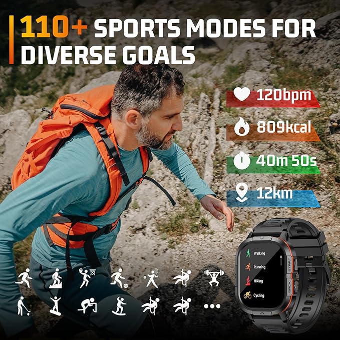 Smart Watch for Men - Make/Answer Call Military Smartwatch Mens for Android Phones iPhone Samsung Compatible, Waterproof Fitness Tracker with 110+ Sport Modes, 2 Straps (Orange, 2.06)