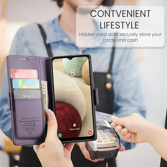 for Samsung Galaxy A12 5G Case, Premium PU Leather Wallet Case Flip Cover with [RFID Blocking][Card Holder][Stand Function] Shockproof Protective for Samsung Galaxy A12, Purple