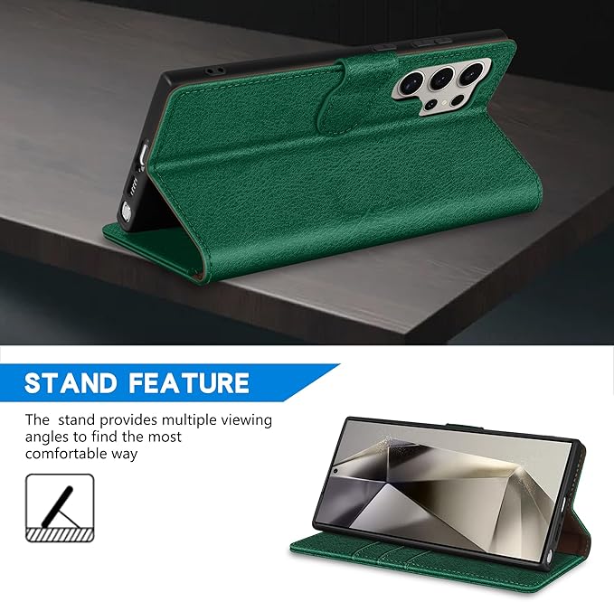 ZZXX for Samsung Galaxy S25 Ultra Wallet Case with [RFID Blocking] Card Slot Kickstand Magnetic Closure Leather Flip Fold Protective Phone Case for Galaxy S25 Ultra 5G Case Wallet(Green-6.8 inch)