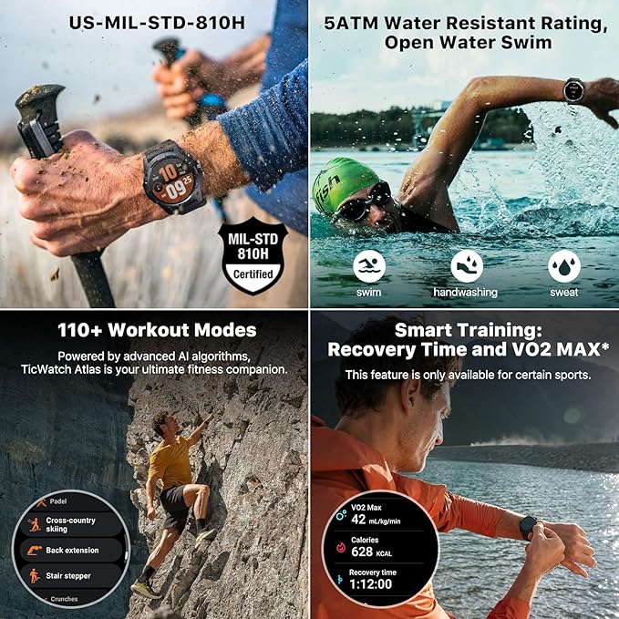 Ticwatch Atlas Smartwatch for Men Android Wear OS Smart Watch Outdoor 90 Hrs Battery 110+ Workout Modes Heat Map Fall Detection Health Fitness Tracker 5ATM GPS Compass Android Compatible Only