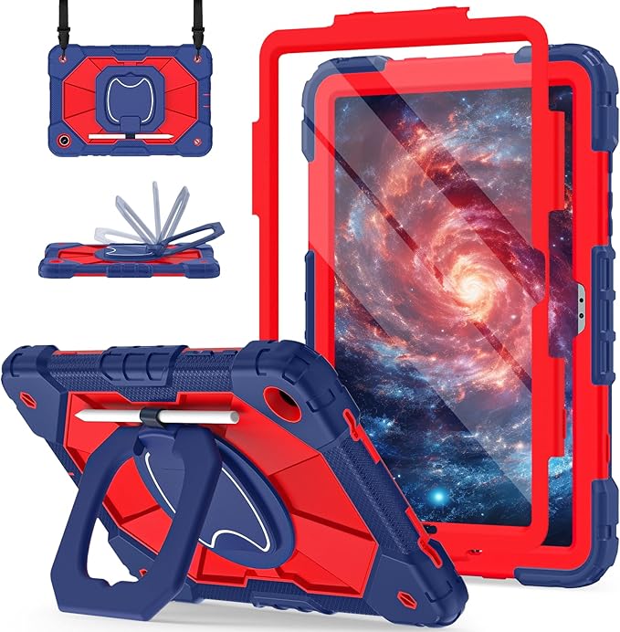 for Galaxy Tab A9 Plus Case 11 Inch, Rugged Case for Samsung Galaxy A9+ Tablet with Screen Protector 360 Rotating Stand Shoulder Strap Pen Holder, 2023 Model(SM-X210/X216/218), Navy Red
