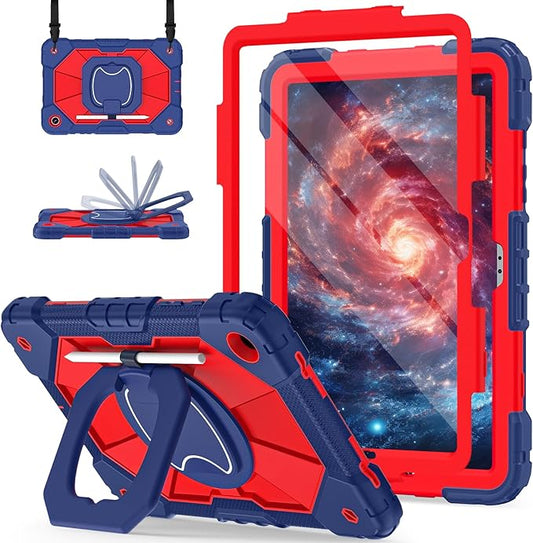 for Galaxy Tab A9 Plus Case 11 Inch, Rugged Case for Samsung Galaxy A9+ Tablet with Screen Protector 360 Rotating Stand Shoulder Strap Pen Holder, 2023 Model(SM-X210/X216/218), Navy Red