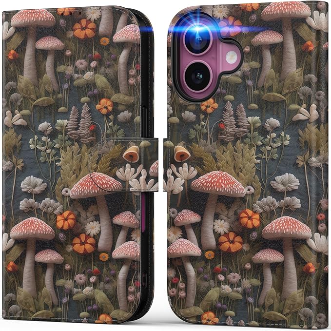 DEENAKIN for iPhone 16 Plus Wallet Case with Card Holder + Cash Clip, RFID-Blocking, Military-Grade Drop Protection, Magnetic Closure with Leather Kickstand - Mushroom Floral