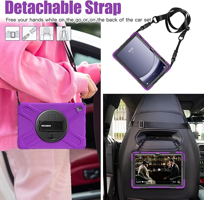 BRAECNstock for Samsung Galaxy Tab A9+ Plus Case 11 inch (SM-X210/X216/X218) Shockproof Protective Kids Case with Screen Protector Pen Holder [360° Rotating Hand Strap+Stand], Purple
