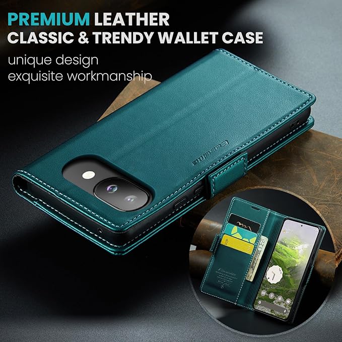 for Pixel 9A Case, Premium PU Leather Wallet Case Flip Cover with [RFID Blocking][Card Holder][Stand Function] Shockproof Protective for Pixel 9A, Blue-Green