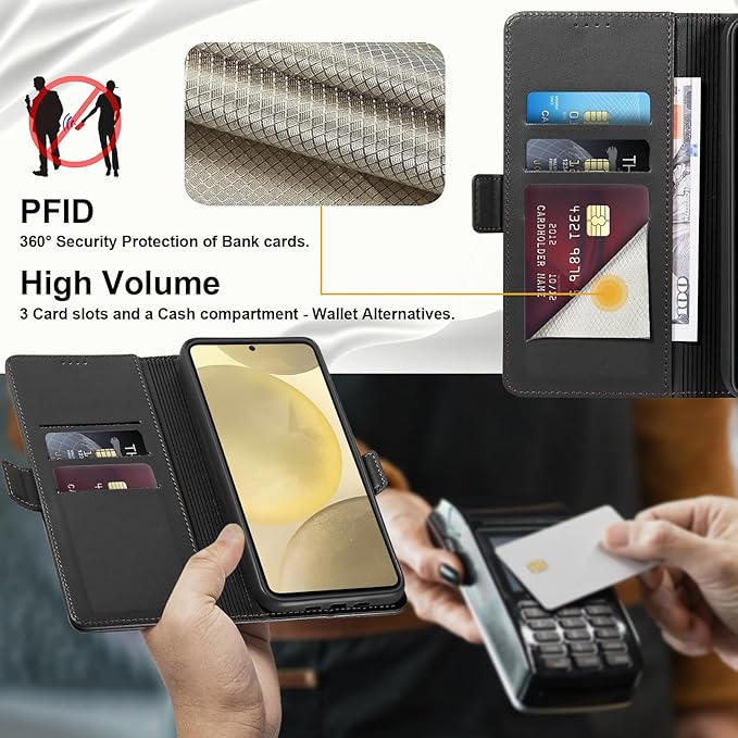 Wallet Flip Case for Samsung Galaxy S25 5G - [RFID Blocking] Luxury PU Leather Card Holder Magnetic Phone Cover with Kickstand,Shockproof Protective Case,Black