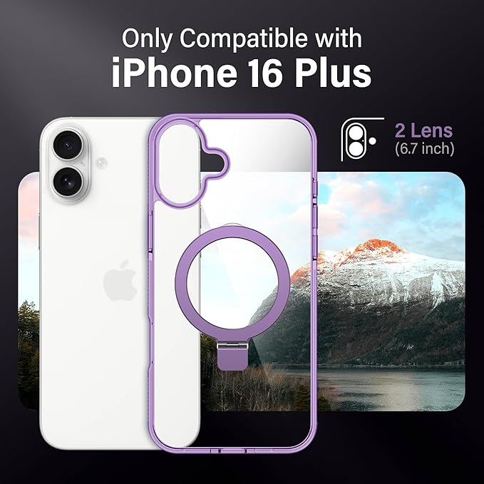 Magnetic Case for iPhone 16 Plus - [Built-in Invisible Stand] [Compatible with MagSafe] [Military Grade Drop Protection] Anti-Yellowing Hard Back Silicone Edge Cover, 6.7", Clear Purple