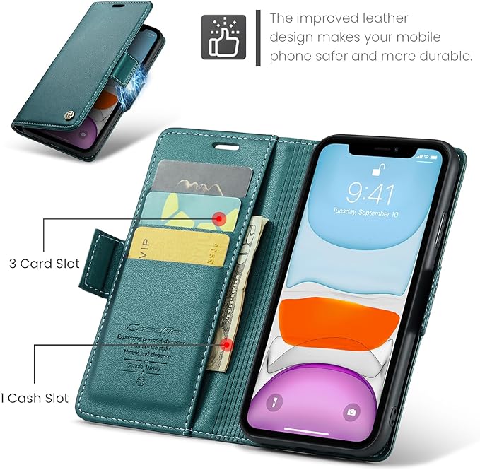 for iPhone 11 Case, Premium PU Leather Wallet Case Flip Cover with [RFID Blocking][Card Holder][Stand Function] Shockproof Protective for iPhone 11, Blue-Green