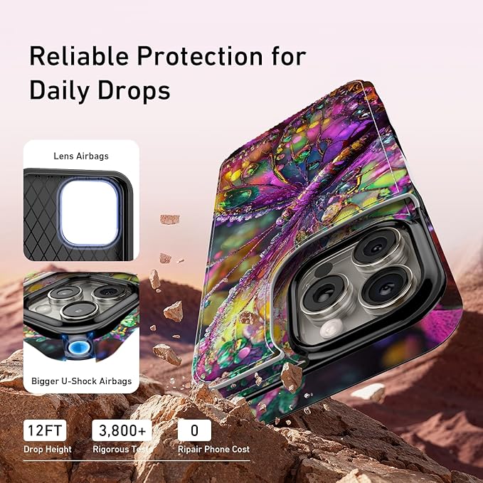 FUNMIKO for iPhone 14 Pro Max Wallet Case with Card Holder, RFID-Blocking, Military-Grade Protection & UV-Printed Artwork, Magnetic Closure with Leather Kickstand - Vibrant Elegant Butterfly