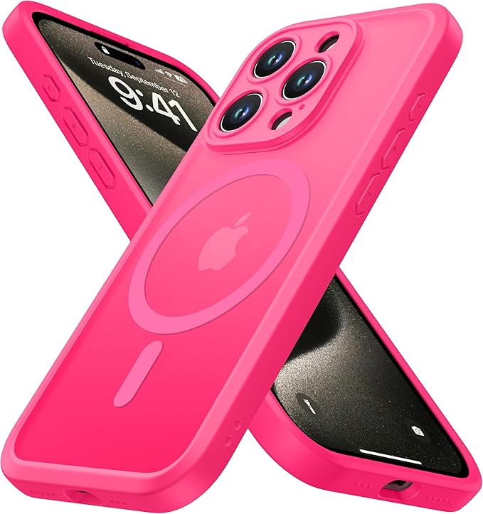 ImpactStrong Magnetic Guard Designed for iPhone 15 Pro Max Case [Camera Protection] [Military Grade Drop Tested] [Compatible with MagSafe] Slim Translucent Matte Phone Case (6.7") - Hot Pink