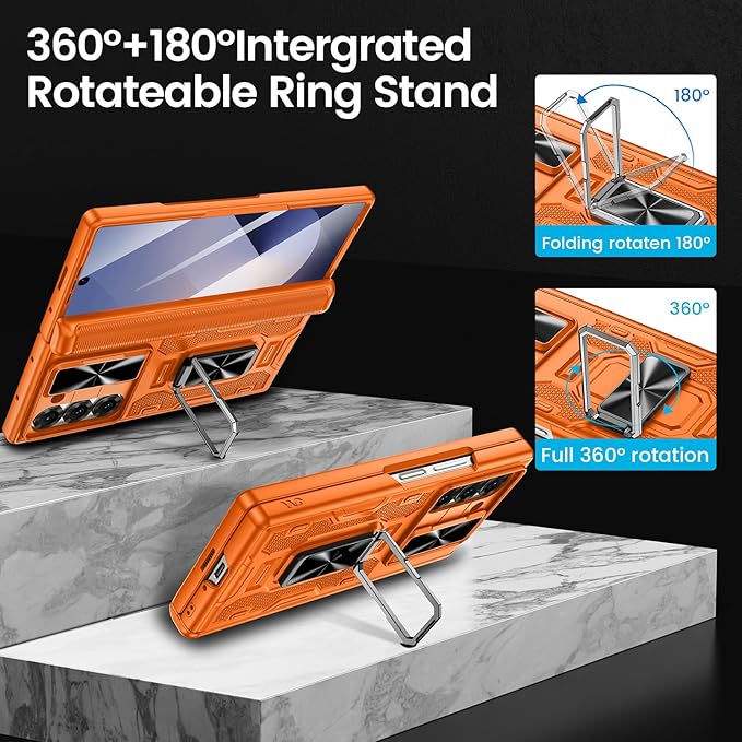VEGO for Galaxy Z Fold 6 Case with Stand, 360°Ring Magnetic Kickstand & Hinge Protection & Front Screen Protector & Camera Cover & Belt Clip Holster Case for Samsung Galaxy Z Fold 6 5G - Orange