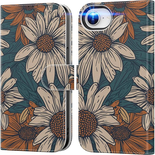 DEENAKIN for iPhone 16e Wallet Case with Card Holder + Cash Clip, RFID-Blocking, Military-Grade Drop Protection, Magnetic Closure with Leather Kickstand - Floral Daisy Pattern