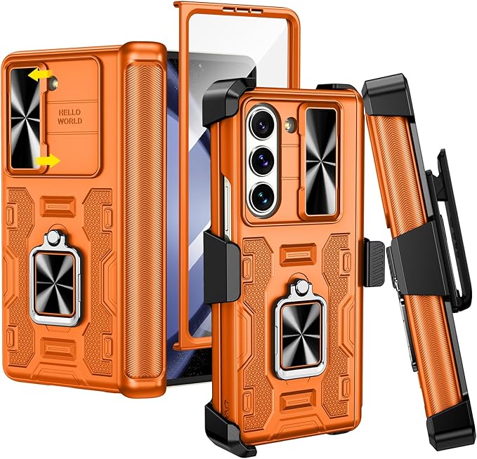 VEGO for Galaxy Z Fold 5 Case with Belt Clip Holster, 360°Ring Magnetic Kickstand & Camera Cover & Front Screen Protector, Hinge Protection Shockproof Armor Cover - Orange