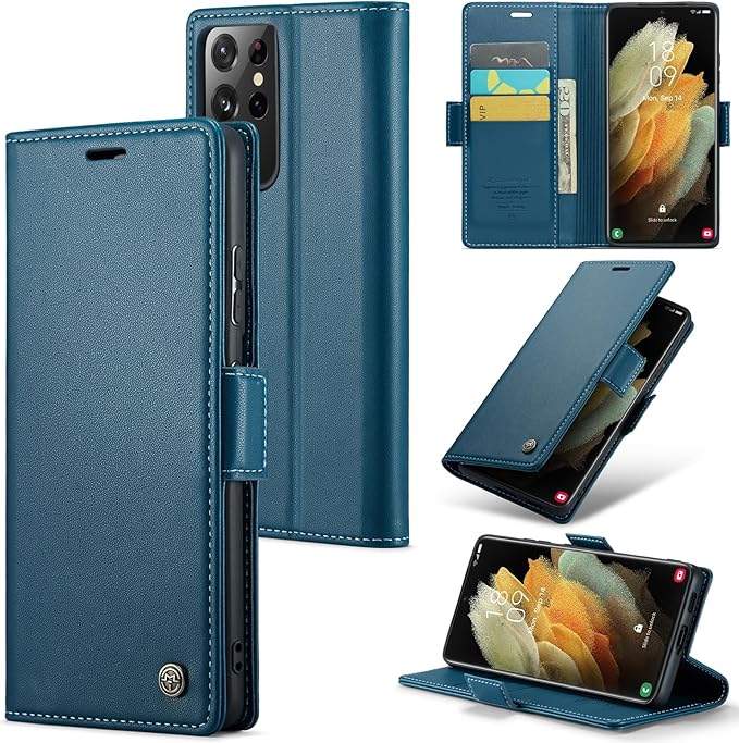 Case for Samsung Galaxy S21 Ultra Wallet Case, RFID Blocking PU Leather Flip Folio Cover Card Holder Kickstand Shockproof Phone Case Compatible with Samsung Galaxy S21 Ultra, Blue