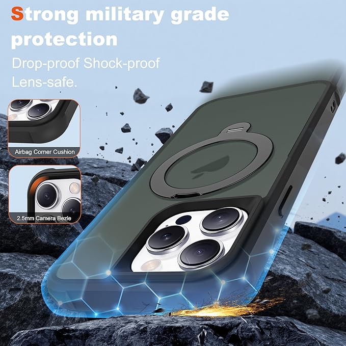 Compatible with iPhone 15 Pro Max Case with Invisible Magnetic 360°Spin Stand,Military-Grade Shockproof Protection [Compatible with Mag-Safe] Non-Slip Edge Translucent Case (6.7",Black)