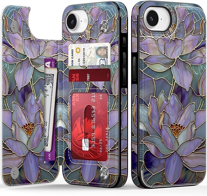 FUNMIKO for iPhone 16e Wallet Case with Card Holder, RFID-Blocking, Military-Grade Protection & UV-Printed Artwork, Magnetic Closure with Leather Kickstand - Dreamy Lotus