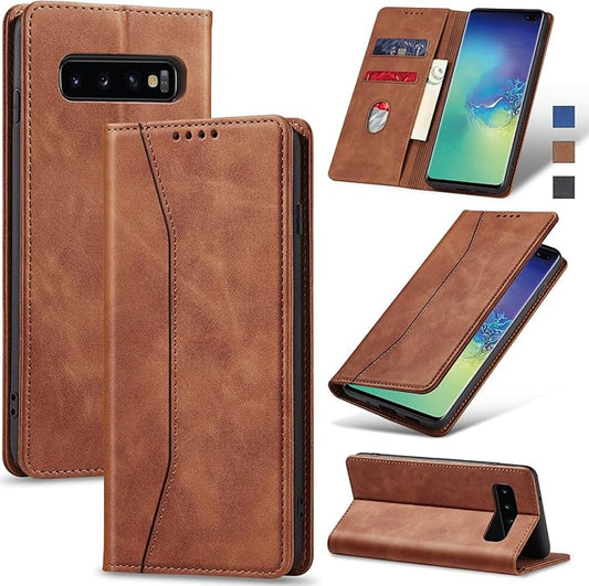 Jasonyu Flip Wallet Case for Samsung Galaxy S10 Plus,Leather Magnetic Folio Cover with Card Holder,Kickstand - TPU Shockproof Durable Protective Phone Case,Brown