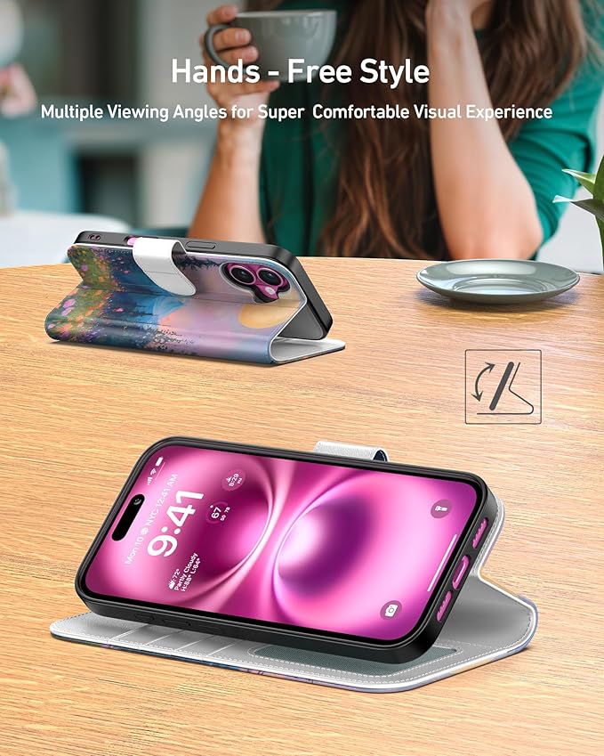 DEENAKIN for iPhone 16 Wallet Case with Card Holder + Cash Clip, RFID-Blocking, Military-Grade Drop Protection, Magnetic Closure with Leather Kickstand - Mountain Blossom Glow