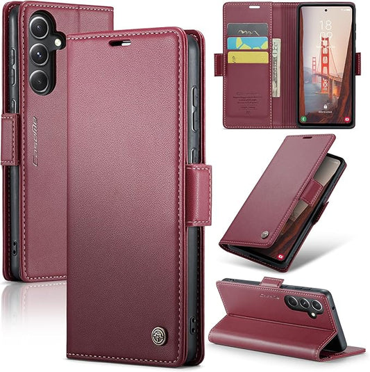 AUPAI for Samsung Galaxy S23 FE Wallet Case with Credit Card Holder, PU Leather RFID Blocking Folio Flip Kickstand Magnetic Clasp Protective Phone Cover for Women Men Wine Red