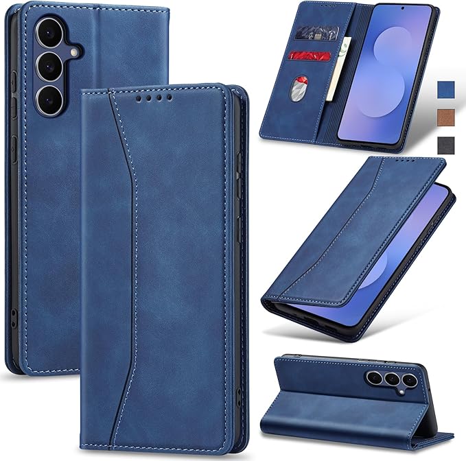 Jasonyu Flip Wallet Case for Samsung Galaxy S25 FE 5G,Leather Magnetic Folio Cover with Card Holder,Kickstand - TPU Shockproof Durable Protective Phone Case,Blue