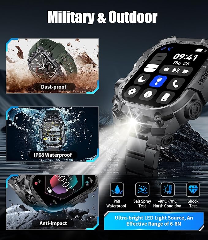 Military Smart Watches for Men(Answer/Make Calls),2.01"HD Screen Sports Smartwatch with LED Flashlight,700mAh Battery,Heart Rate/Sleep Monitor Fitness Tracker for Android iOS,100+Sport Modes,Black