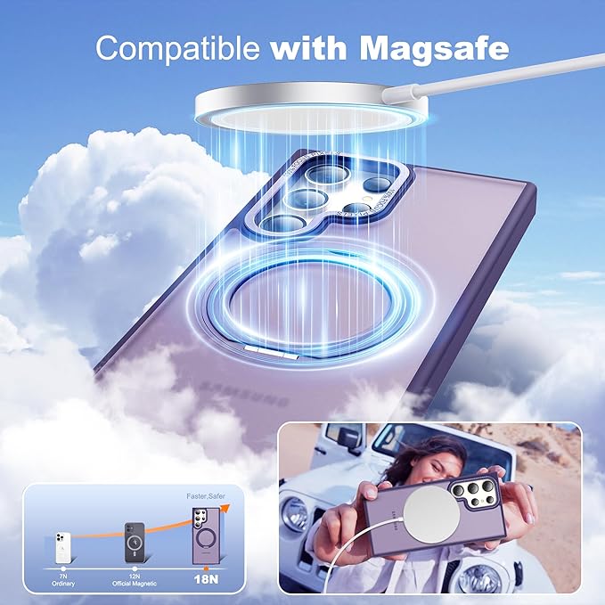 Compatible with Samsung Galaxy S24 Ultra Case with 360Rotatable Magnetic Ring Stand Compatible with Mag-Safe Military Protection Matte Translucent Phone Cases for S24 Ultra 6.8",Dark Purple