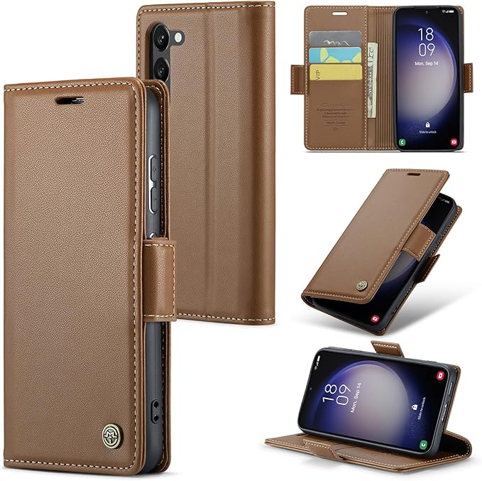 Case for Samsung Galaxy S23 Wallet Case, RFID Blocking PU Leather Flip Folio Cover Card Holder Kickstand Shockproof Phone Case Compatible with Samsung Galaxy S23, Brown