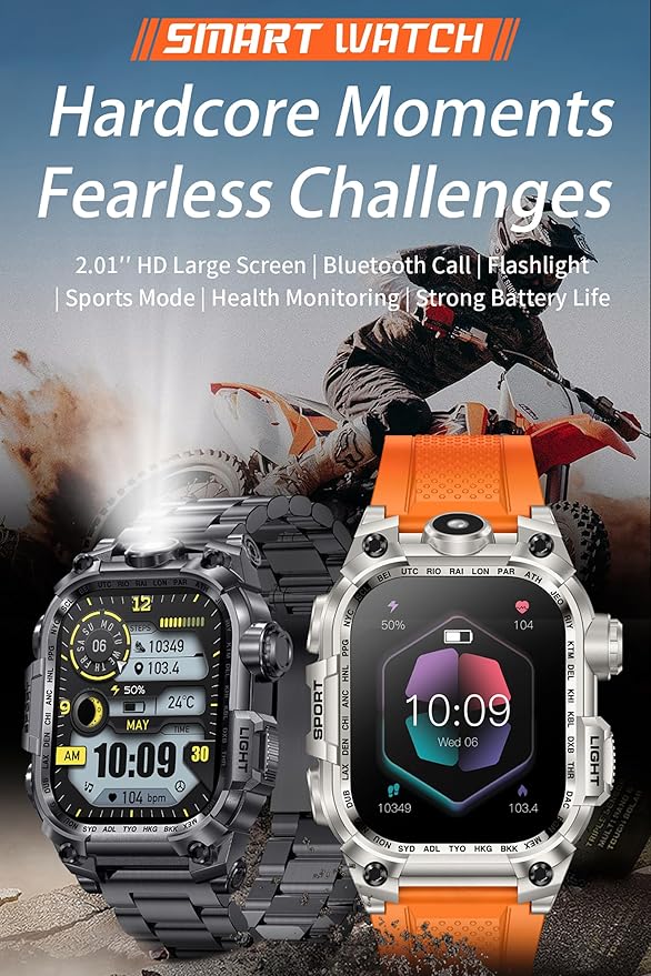 Tough Smart Watch for Working Men with Flashlight, 2.01" HD Ultra Large Rugged Smartwatch Bluetooth Call/Heart Rate/Sleep Monitor Hiking Camping Fitness Track Watches