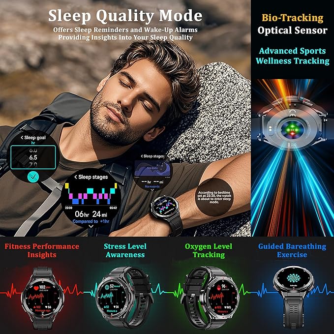 Military GPS Smart Watch: 1.43” AMOLED Always On Display, Built-In GPS, Compass, Altimeter, Barometer, Fitness/Path Tracker, BT Call, 150+ Sports, IP69K, Voice Assist, Long Battery Life, Android/iOS