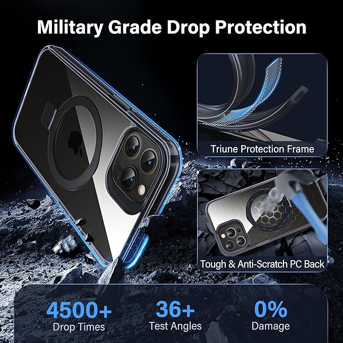 Magnetic Case for iPhone 14 Pro Max - [Built-in Invisible Stand] [Compatible with MagSafe] [Military Grade Drop Protection] Anti-Yellowing Hard Back Silicone Edge Cover, 6.7", Clear Black