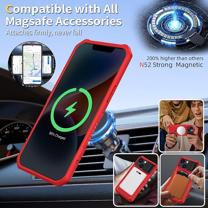 for iPhone 13 Case/for iPhone 14 Case Magnetic Compatible with MagSafe Wireless Charging,with 2 Screen Protectors,with Kickstand,with Camera Cover Shock-Absorbent Heavy Duty Protection Red
