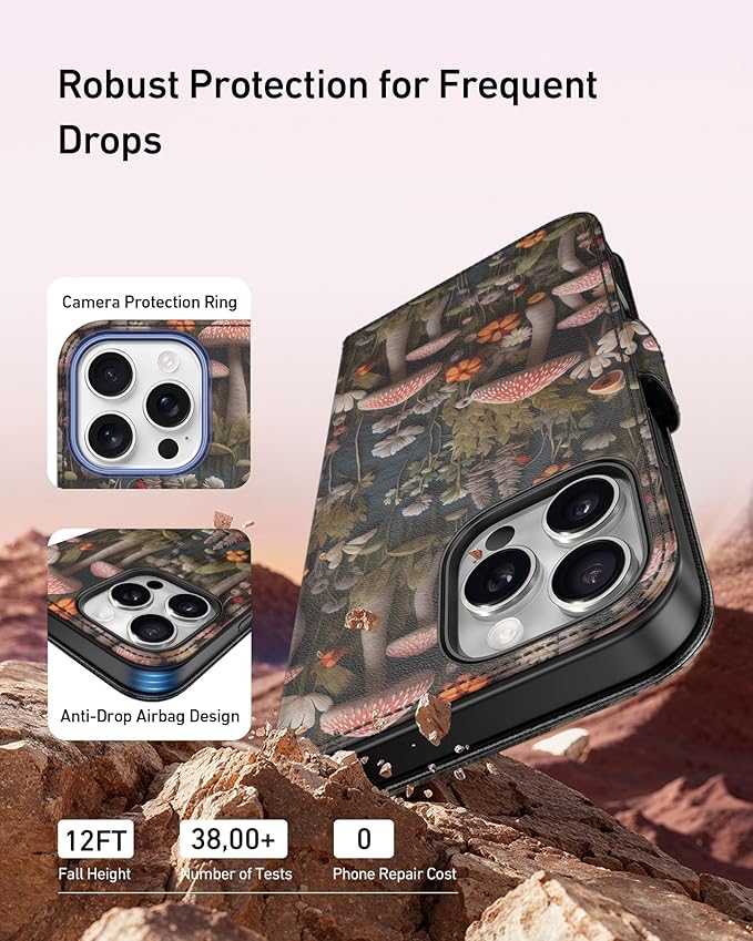 DEENAKIN for iPhone 16 Pro Wallet Case with Card Holder + Cash Clip, RFID-Blocking, Military-Grade Drop Protection, Magnetic Closure with Leather Kickstand - Mushroom Floral