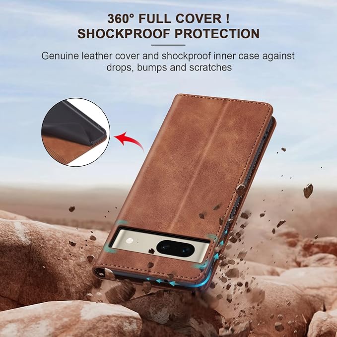Jasonyu Flip Wallet Case for Google Pixel 7 5G,Leather Magnetic Folio Cover with Card Holder,Kickstand - TPU Shockproof Durable Protective Phone Case,Brown