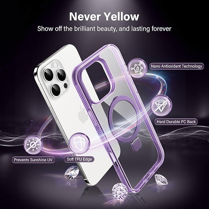 Magnetic Case for iPhone 16 Pro Max - [Built-in Invisible Stand] [Compatible with MagSafe] [Military Grade Drop Protection] Anti-Yellowing Hard Back Silicone Edge Cover, 6.9", Clear Purple