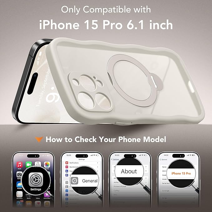 GolbinBox for iPhone 15 Pro Case,[Compatible with Magsafe][360°Magnetic Stand][Cute Wave Edge][18ft Military-Grade Protection] Translucent Matte Phone Women Case for iPhone 15 Pro,Stone